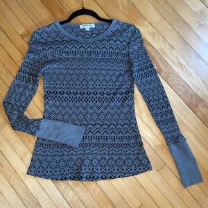 ORVIS Thermal Waffle Long Sleeve Wide Cuff Top Tee Gray Black Fair Isle Print